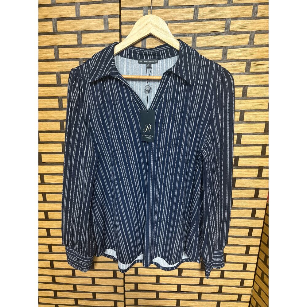 Adrianna Papell Blue And White Long Sleeve Polo Blouse SIze‎ Large